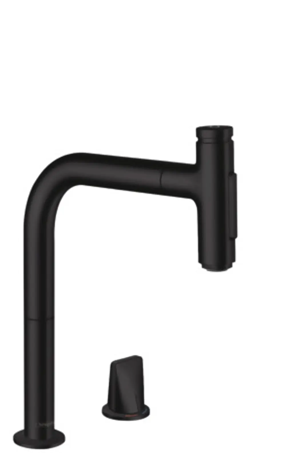 Schwarze Küchenarmatur von Hansgrohe mit einem hohen, geschwungenen Auslauf und einem separaten Hebel zur Wassersteuerung. Die Ausziehbrause ist im Bild erkennbar.